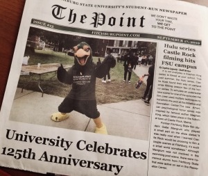 Front page of a copy of The Point Student Newspaper with Freddy Falcon on it