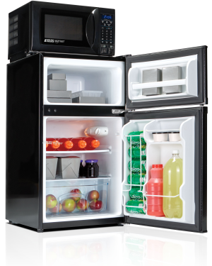 MicroFridge open with food inside and microwave on top