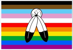 Indigenous People / Two Spirts Day feather over a pride flag