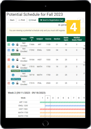 College Scheduler on tablet with step 4 register for class highlighted