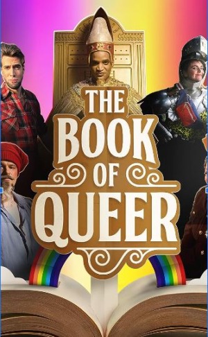 The Book of Queer book and rainbow with queer people around it