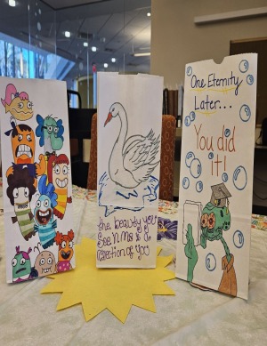 Finals goody bags decorated by library student employees