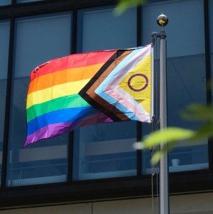 Progressive pride flag on pole