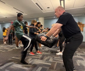 Students learn self defense at the Future Falcon Academy on campus. 