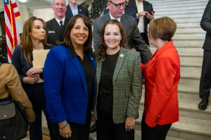 Donna Hodge with Lieutenant Governor Kim Driscoll and Governor Maura Healey