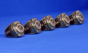 The championship rings for the 2024-2025 Fitchburg State men's ice hockey team