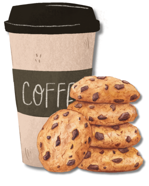 Disposable paper coffee cup and a stack of chocolate chip cookies