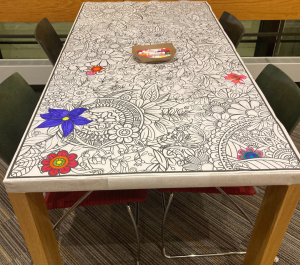 Table covered in coloring sheet of flowers some of which are colored in