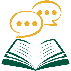 Illustrated icon of an open book in dark green with two conversation bubbles in gold above the book