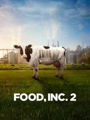 Cow with a barcode in a field, with a factory in the background and "FOOD, INC. 2" text below.