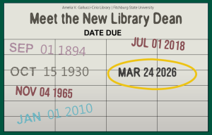 Library Due Date Card with various dates listed on it.  Mar. 24 2026 is circled to indicated the date of the Meet the Library Dean reception