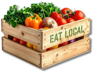 A wooden crate filled with fresh vegetables, including bell peppers, tomatoes, kale, and an onion, with "EAT LOCAL" stenciled on the side.