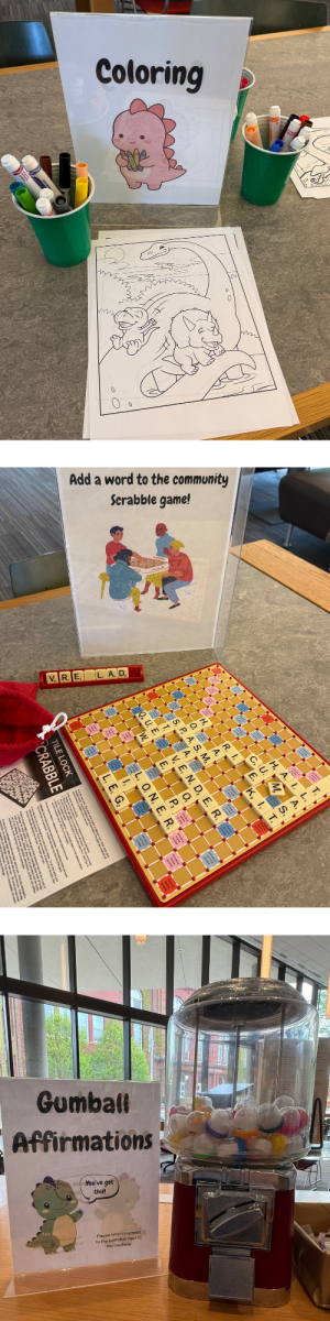 A collage showing a coloring station, community Scrabble game, and a gumball machine for affirmations.