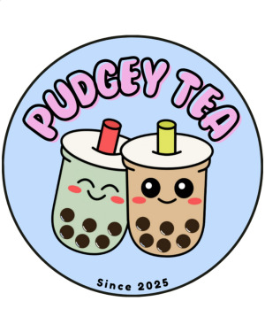 Pudgey Tea logo boba tea cups with faces. 