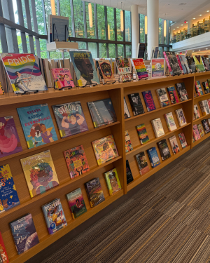Library display featuring books on LGBTQ+ pride themes with large windows and natural lighting.
