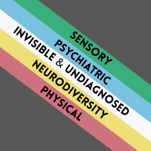 Six horizontal stripes, each displaying distinct colors and text against a dark grey background. From top to bottom, the stripes are colored as follows: a green labeled "SENSORY," light blue labeled "PSYCHIATRIC," white labeled "INVISIBLE & UNDIAGNOSED," a gold labeled "NEURODIVERSITY," and light red labeled "PHYSICAL".