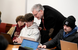 Michael Greenwood in class with students on safety campaign