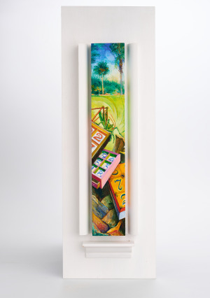 Romayne Dawnay art piece totem wood panel with tropical scene and blocks.