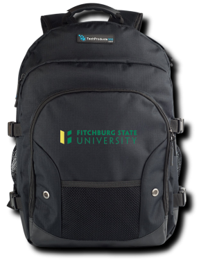 Front view of a black backpack featuring the Fitchburg State University logo and multiple zippered compartments.