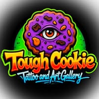 Tough Cookie Tattoo and Art Gallery logo cookie with eye in middle.