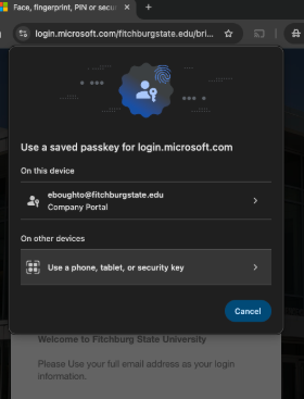 Screenshot of Microsoft passkey login.