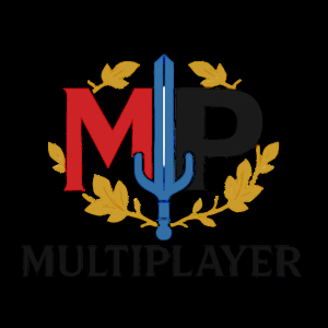 Multiplayer logo MP with sword in middle and leaves around it. 