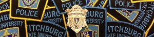 Collage of Fitchburg State Police badges behind a Mass Police Patrolman badge