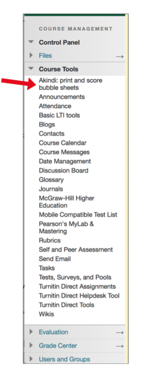 Screenshot showing the location of "Akindi: print and score bubble sheets" in Course…