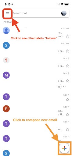 Gmail app screen showing the location of the hamburger menu and + sign.