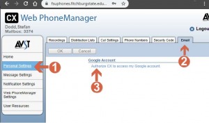 Screenshot showing the location of Personal Settings, the Email tab and Authorize CX to access my…