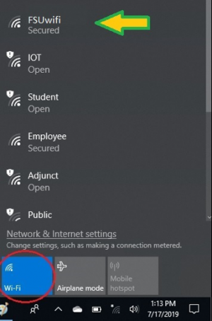 Image showing an arrow pointing to FSUwifi in the list of wireless networks.