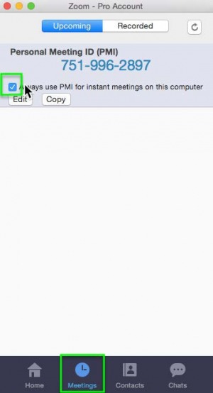 Screenshot showing the "Always use PMI for instant meetings on this computer" checkbox.